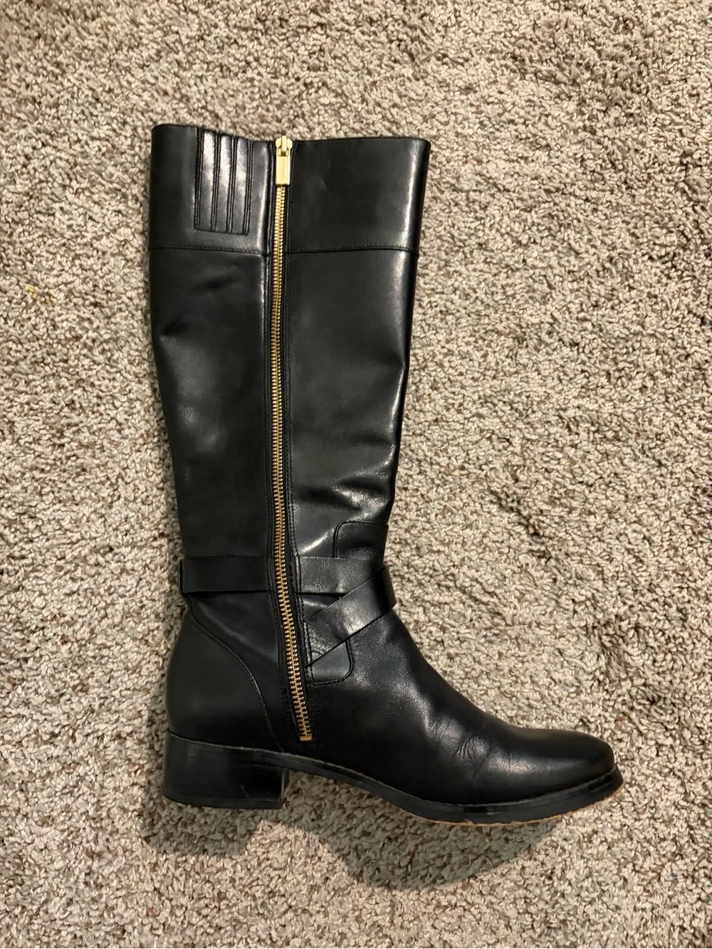 Michael Kors Black Leather Mid-Calf Boots with Gold MK Accent